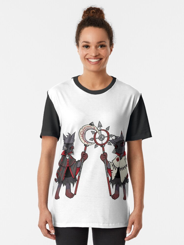 Cult of the Lamb game graphic t-shirt featuring cute and kawaii characters from the popular indie video game. - Women