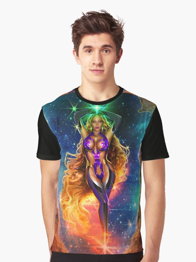 Alien Superstar graphic t-shirt featuring a vibrant cosmic design with stars, fire, and a cosmic alien figure - Men