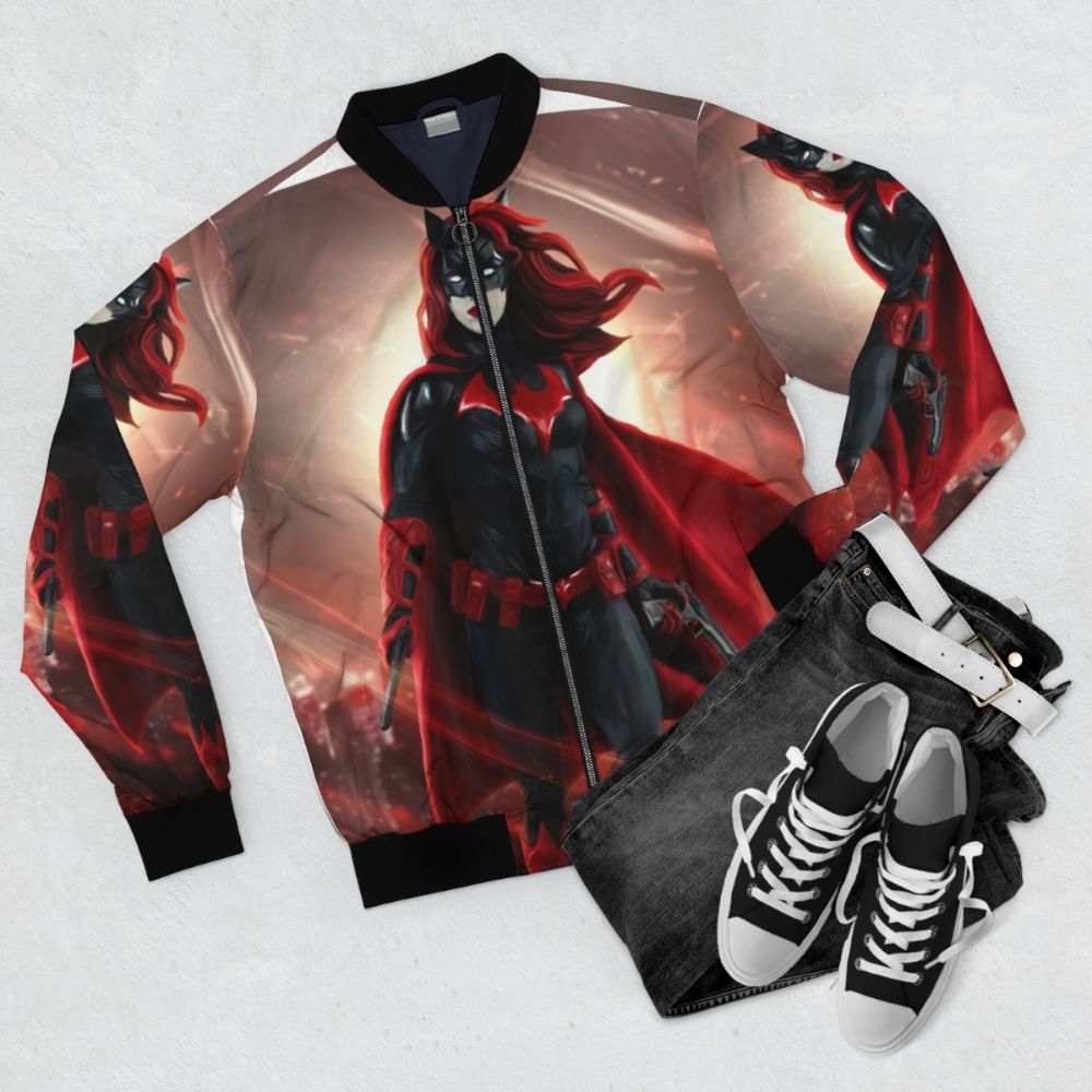 Batwoman Kate Kane Bomber Jacket with Superhero Design - Flat lay