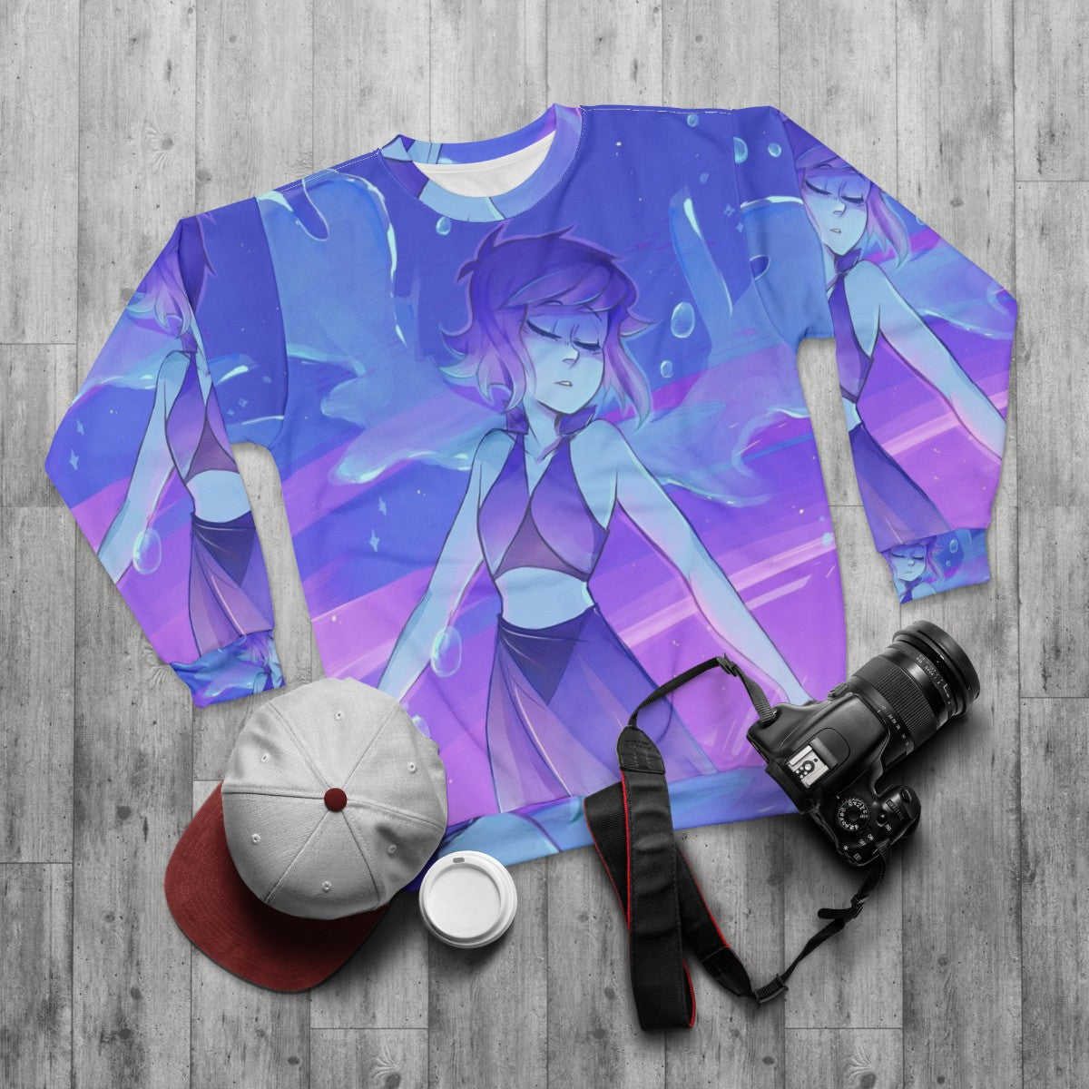 Lapis Lazuli inspired purple and blue sweatshirt featuring Steven Universe characters - flat lay