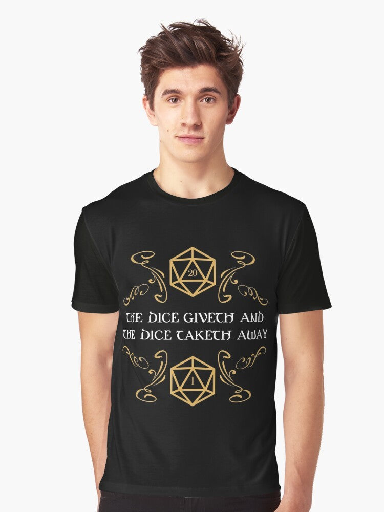 Dungeons and Dragons t-shirt featuring a graphic design of dice with "The Dice Giveth and Taketh Away" text and "Natural 20" and "Critical Fail" icons. - Men