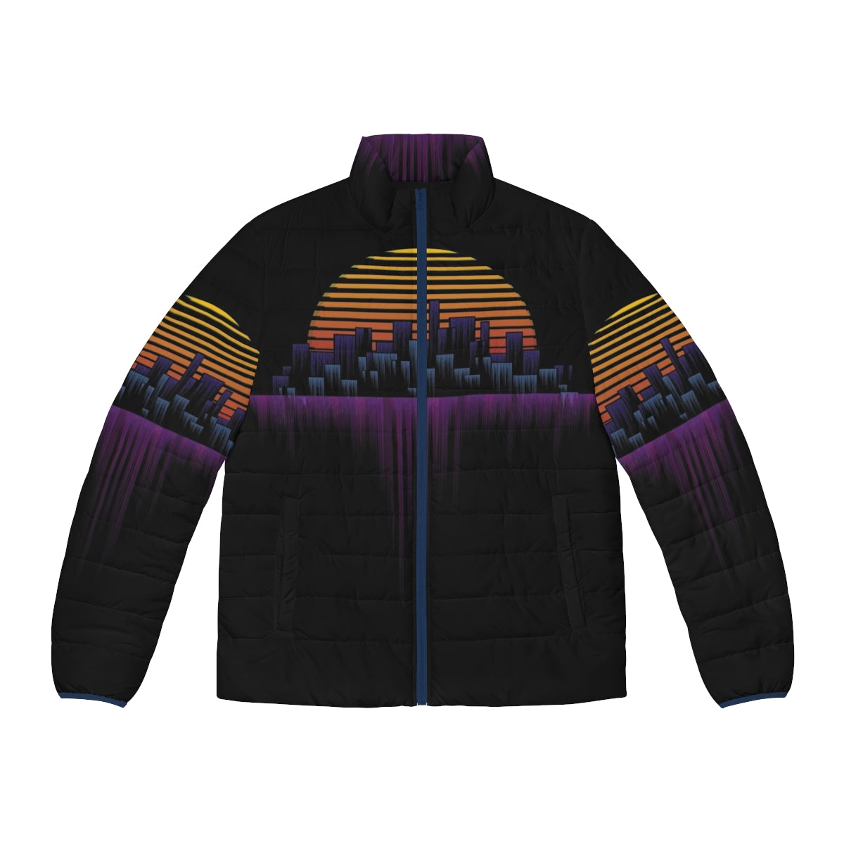 Retrowave City Soundwave Puffer Jacket - Synth-inspired puffer jacket in a retro, neon aesthetic