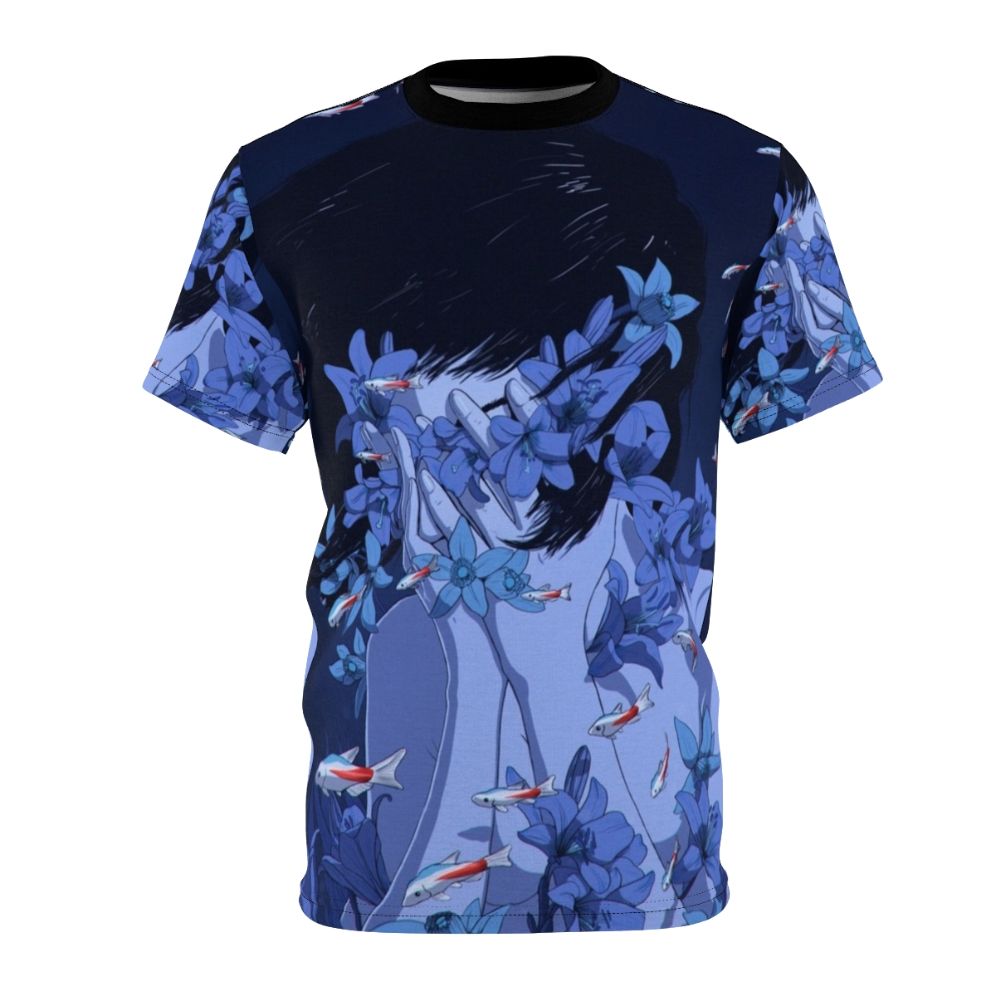 Anime-style graphic t-shirt featuring "Perfect Blue" inspired artwork with fish, flowers, and water elements.