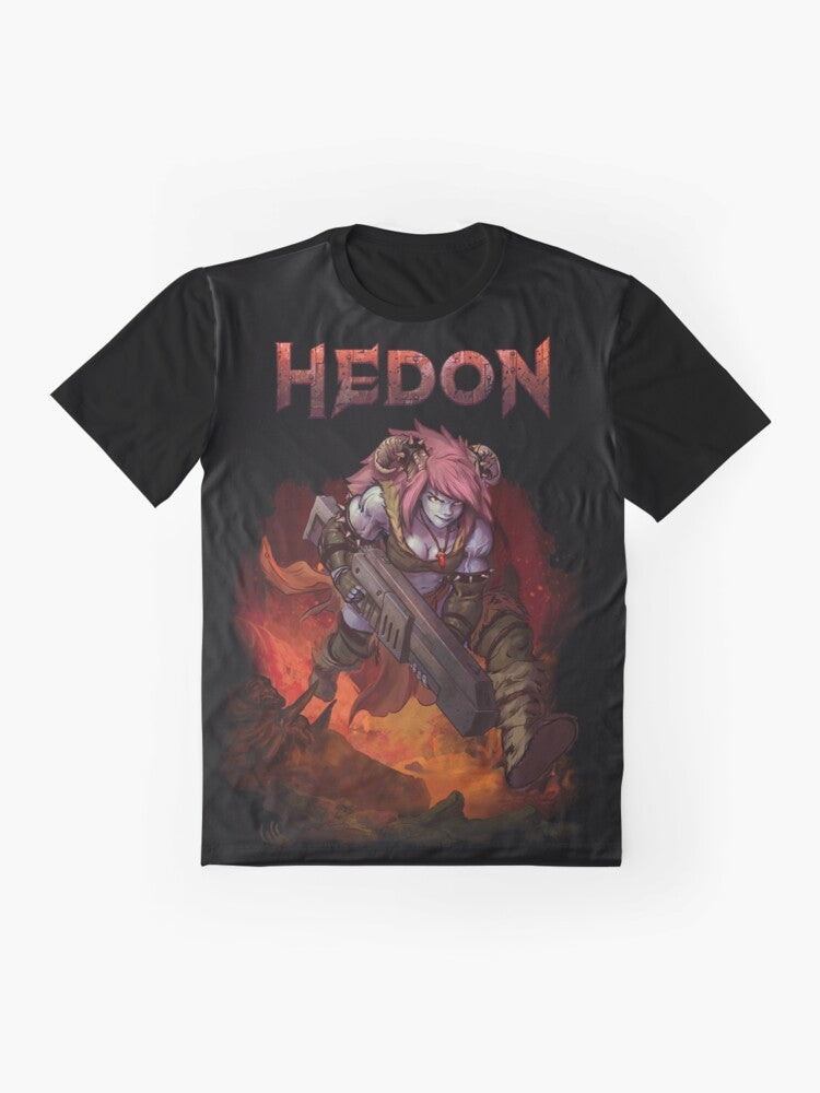 Hedon fantasy video game graphic t-shirt with demon, horns, and retro style - Flat lay