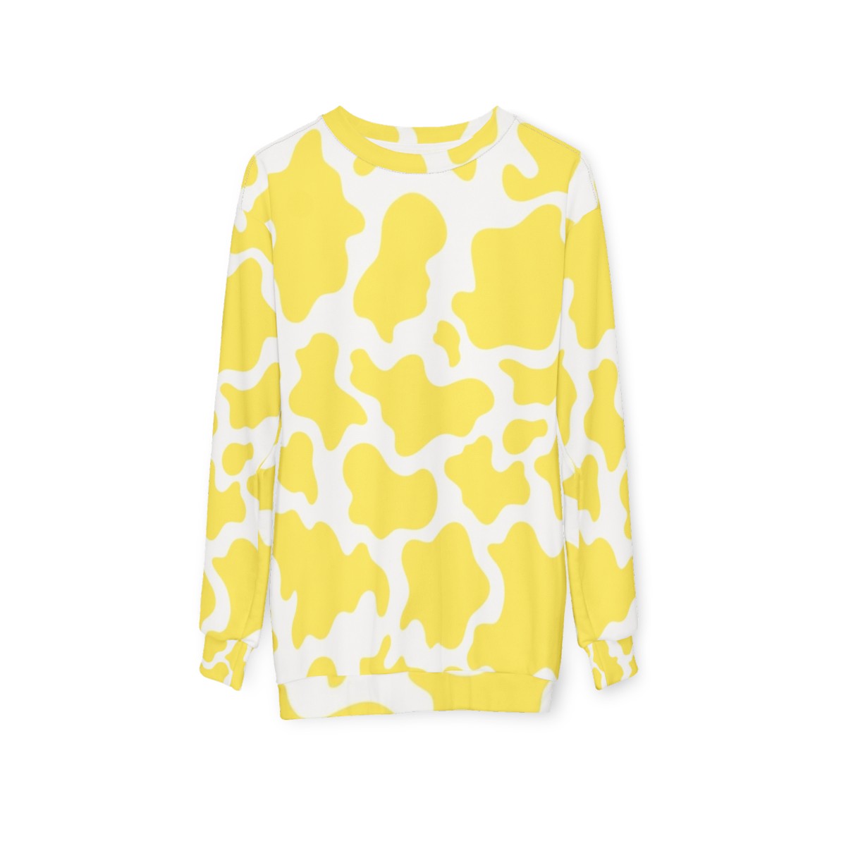 Yellow cow print sweatshirt with textured animal skin pattern - hanging