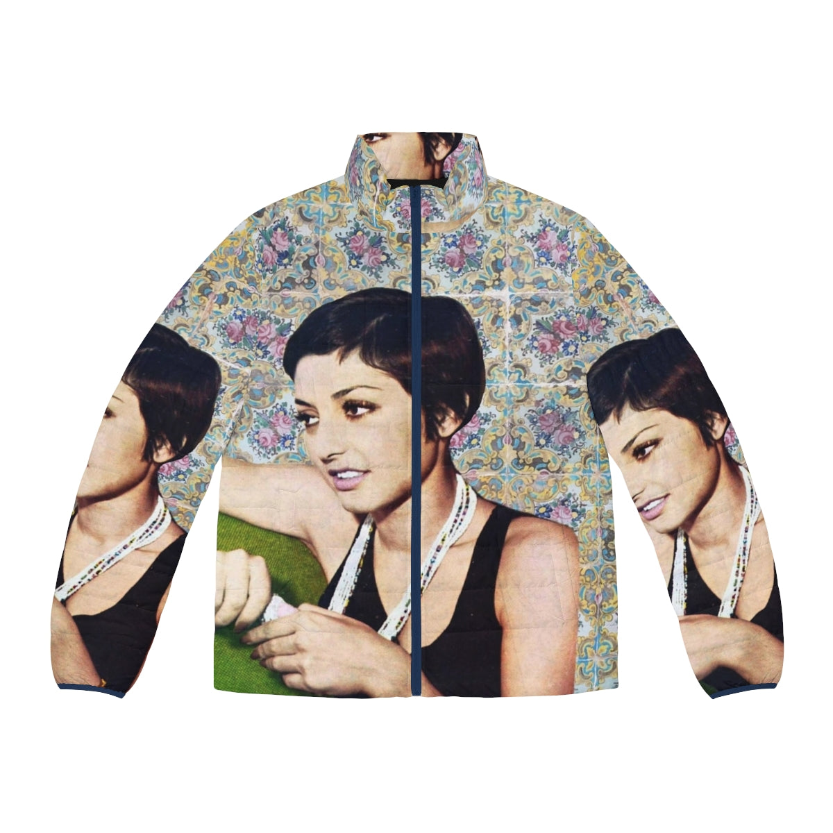 Vintage puffer jacket featuring Iranian singer Googoosh on a couch