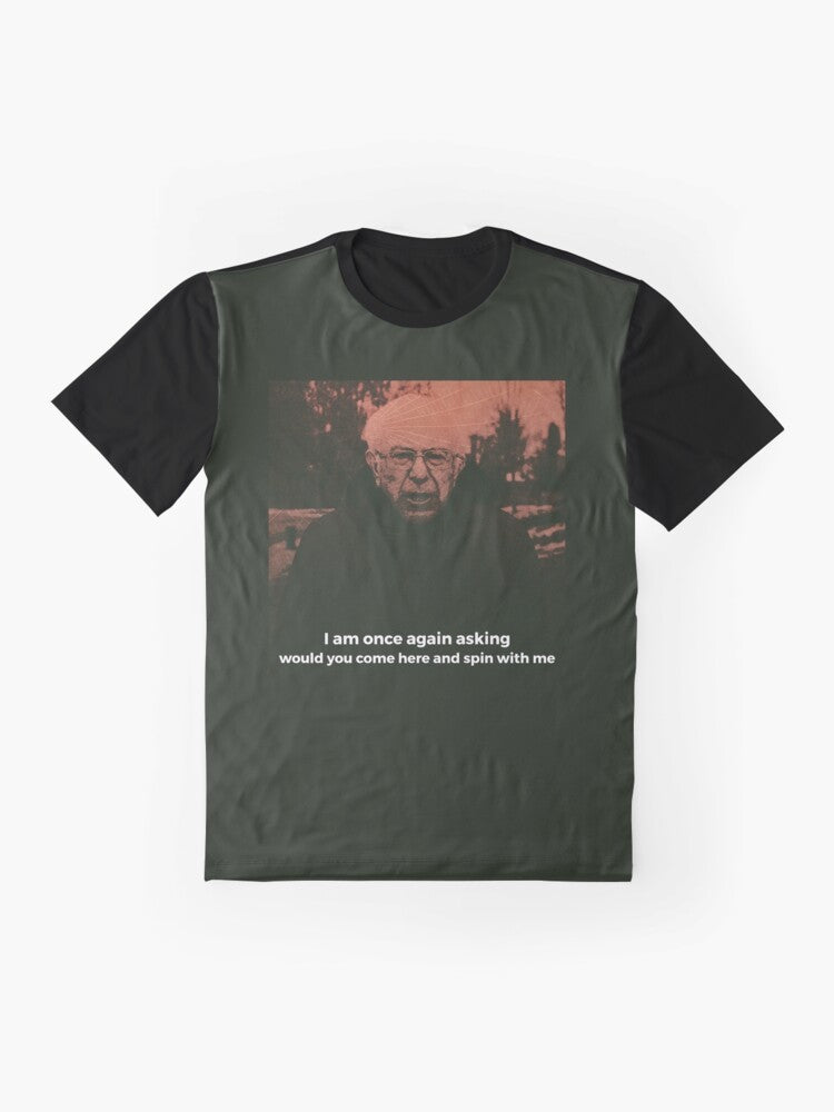 A graphic t-shirt featuring Bernie Sanders with a "Turnover" design and the text "Peripheral Vision", "Dizzy on the Comedown", and "Emo/Indie" style elements. - Flat lay