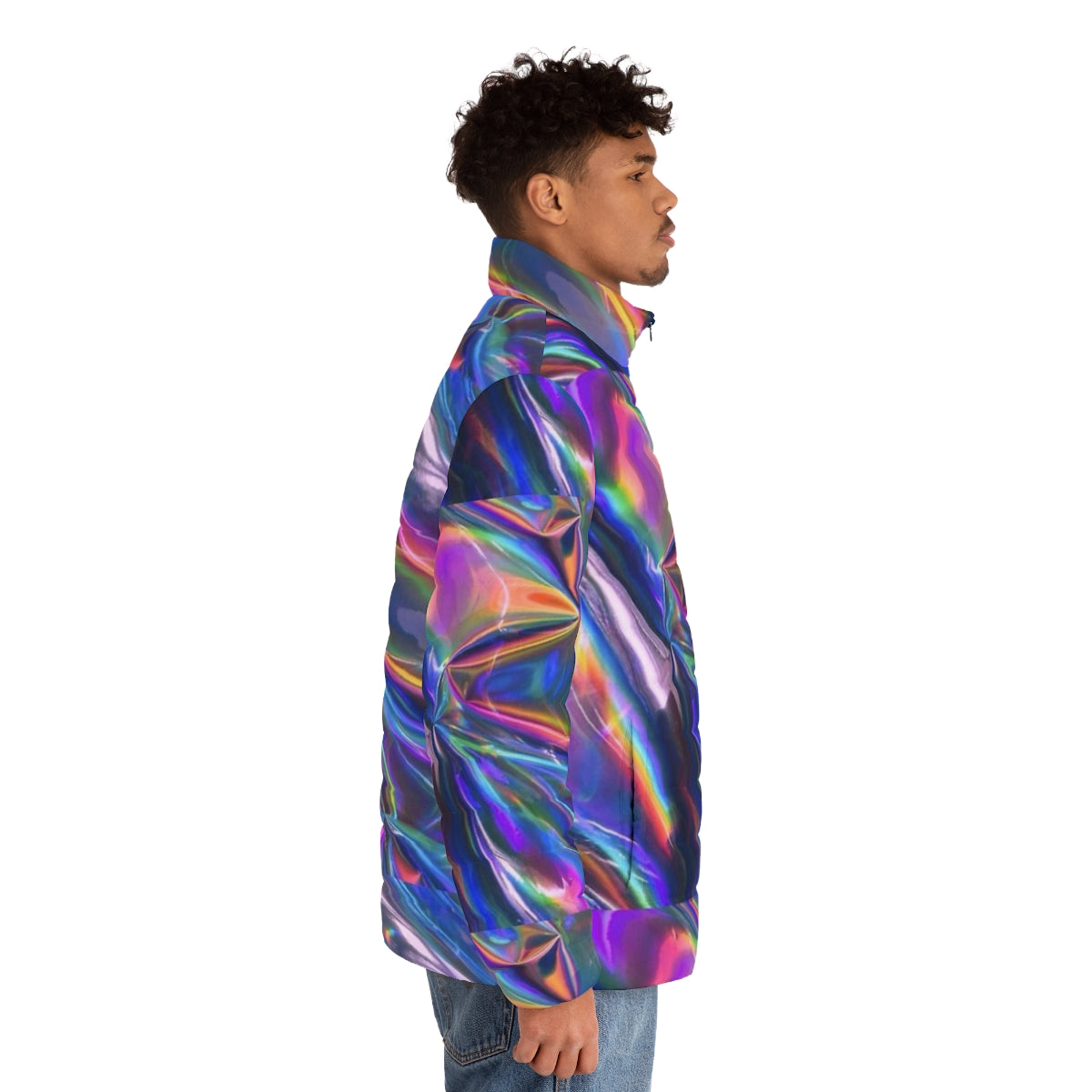 Holographic puffer jacket with shimmery, iridescent texture - men side right