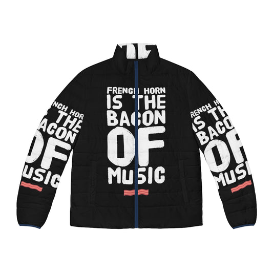 A person wearing a puffer jacket with the text "French Horn is the Bacon of Music" printed on it.