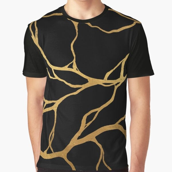 Kintsugi graphic t-shirt featuring a Japanese-inspired pattern with gold cracks and broken porcelain design