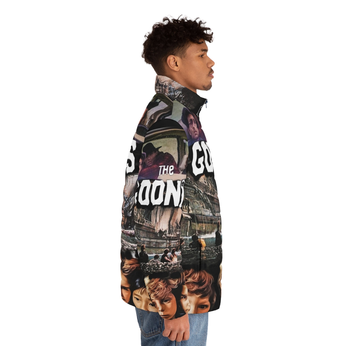 A puffer jacket featuring the iconic logo and imagery from the classic 1980s film The Goonies - men side right