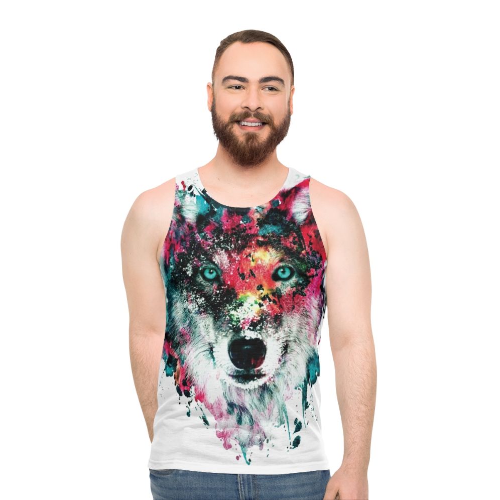 Vibrant wolf tank top with abstract watercolor art - men