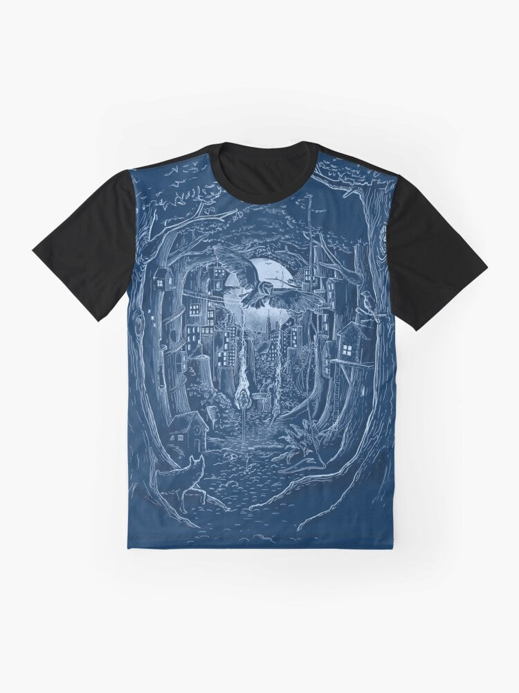 Graphic t-shirt featuring a forest scene with a full moon, animals, and trees - Flat lay