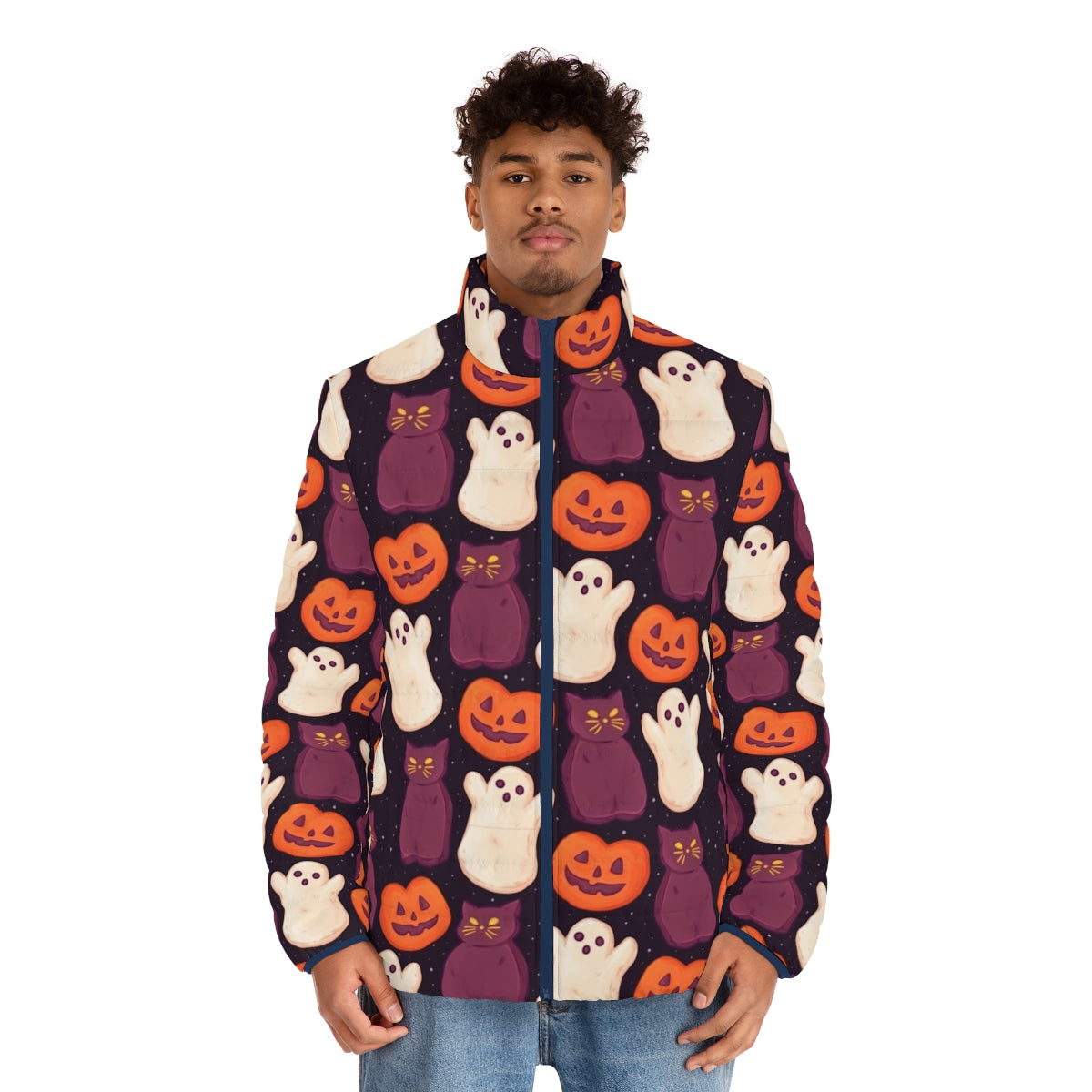 Dark puffer jacket with spooky cute Halloween marshmallow print - men front