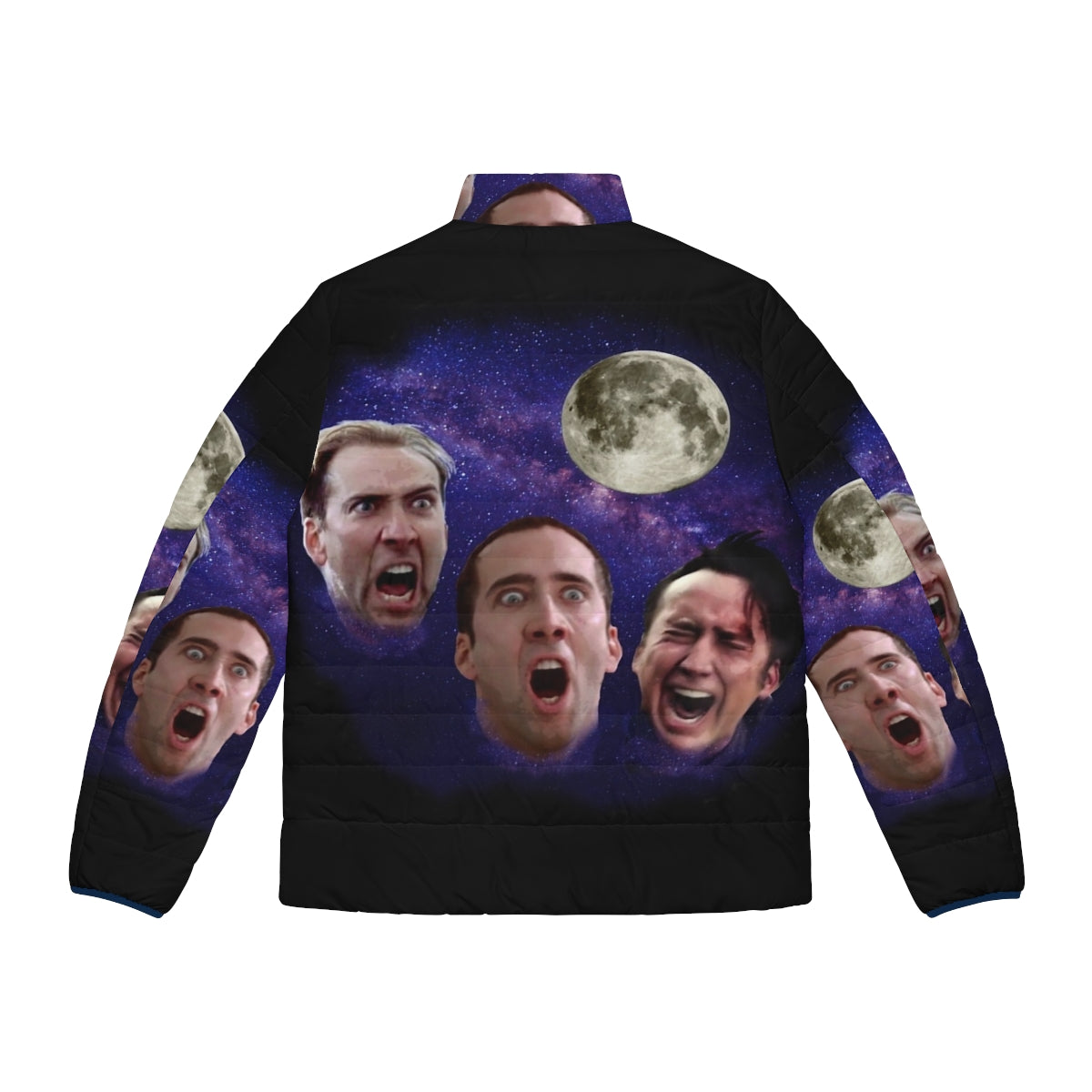 Three Cage Moon Puffer Jacket featuring a hilarious Nicolas Cage meme design - Back