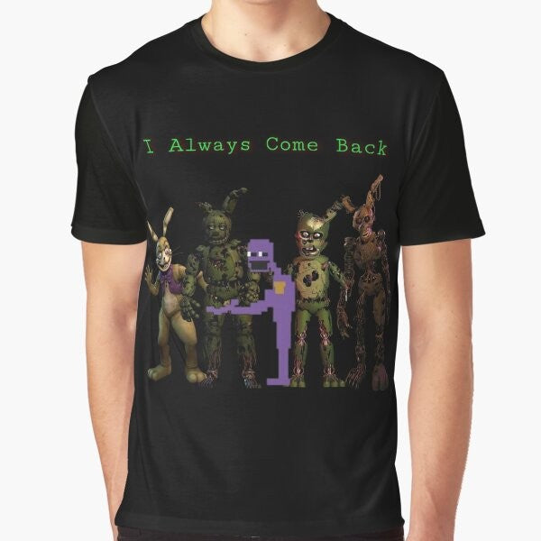 Five Nights at Freddy's "I ALWAYS COME BACK" graphic t-shirt featuring William Afton, Springtrap, and other characters from the FNAF video game saga.