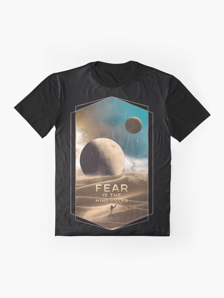 Dune movie inspired graphic t-shirt featuring the moons of Arrakis and the Muad'Dib icon - Flat lay