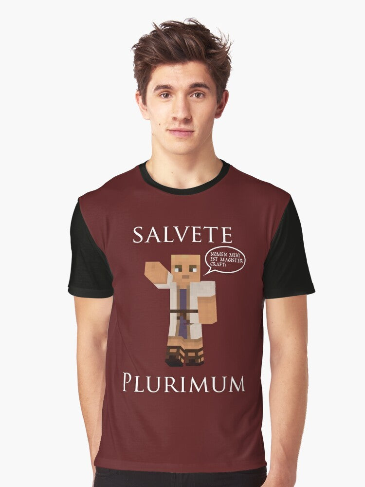 Magister Craft Graphic T-Shirt with Latin Minecraft Design "Salvete Plurimum! Nomen mihi est Magister Craft" - Men