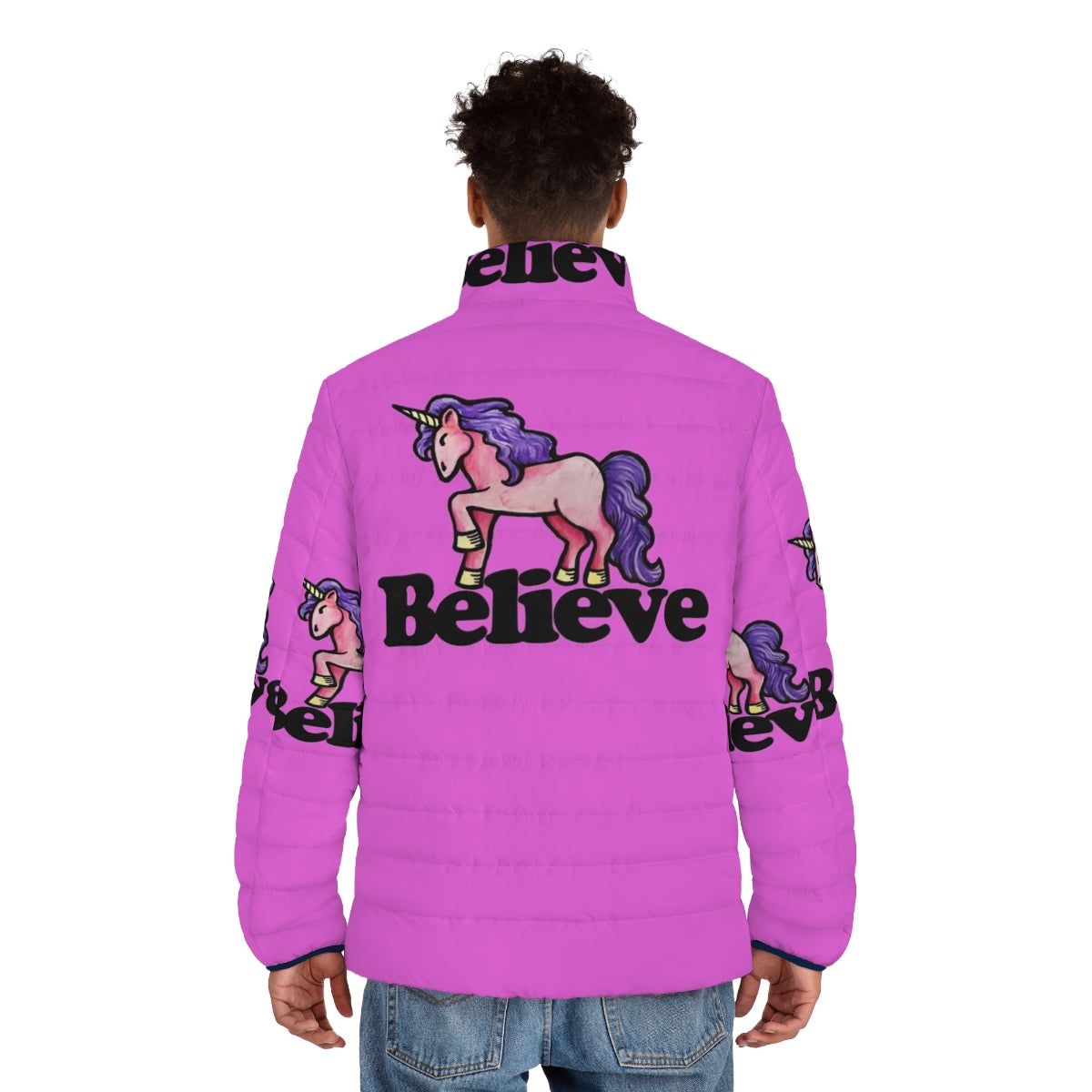 Believe In Unicorns Puffer Jacket with a cute unicorn design - men back