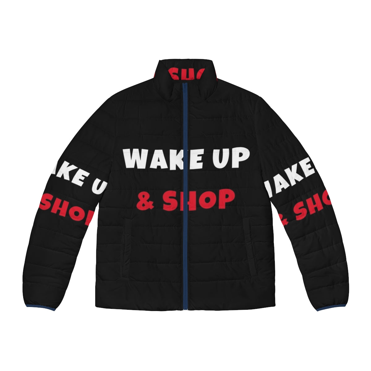 Vibrant puffer jacket with "Wake Up and Smile" text, perfect for active lifestyles