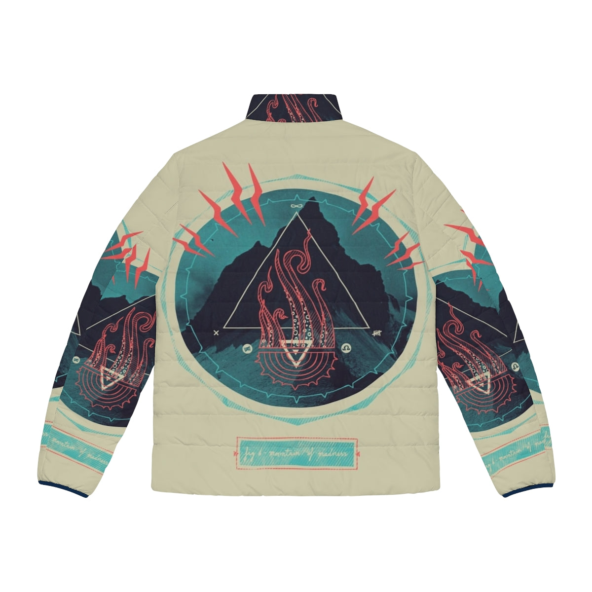 Puffer jacket with Lovecraft-inspired mountain and occult design - Back