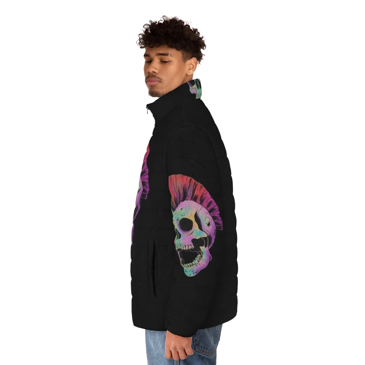 A puffer jacket featuring a mohawk skull design, perfect for metal band fans and punk rock enthusiasts. - men side left