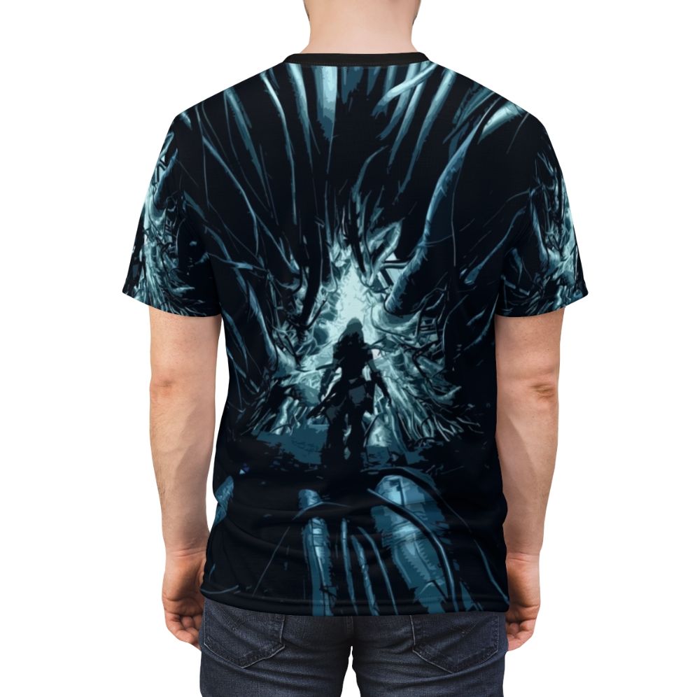 Stylized image of a futuristic mecha-inspired design with Horizon Zero Dawn inspired elements on a t-shirt. - men back