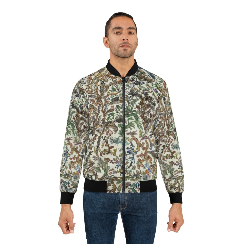 Tree of Life Evolution Bomber Jacket featuring diverse animal life - Lifestyle