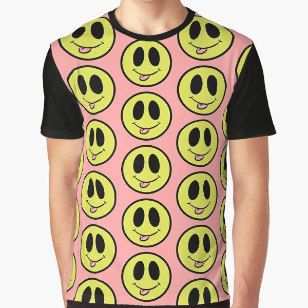 A vibrant and fun t-shirt featuring a smiley face graphic with a playful, colorful design.