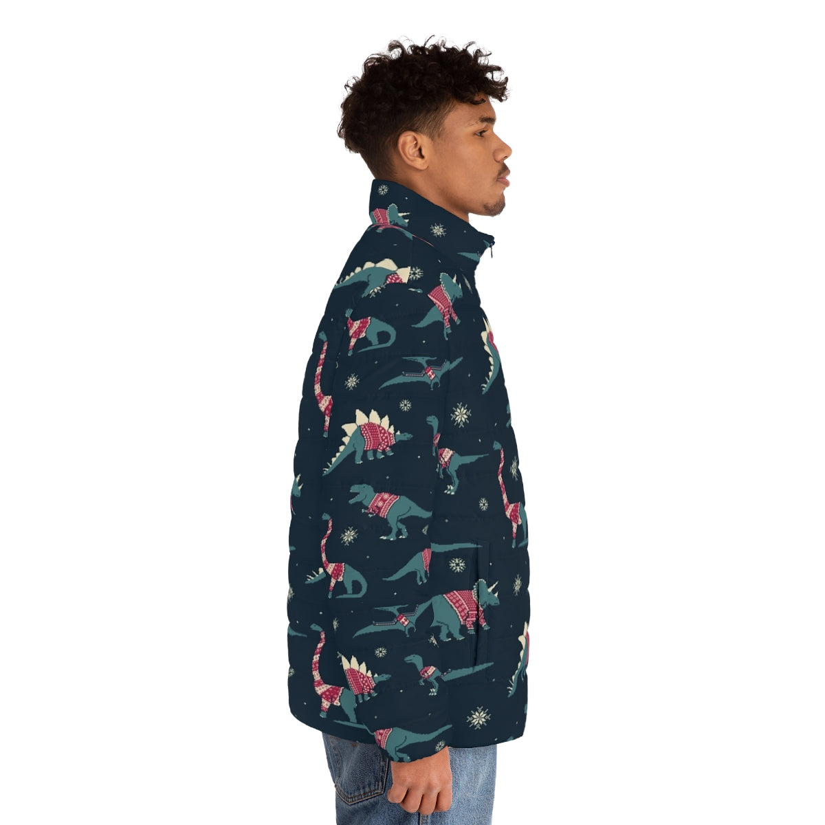 Puffer jacket featuring cute dinosaurs wearing festive sweaters - men side right