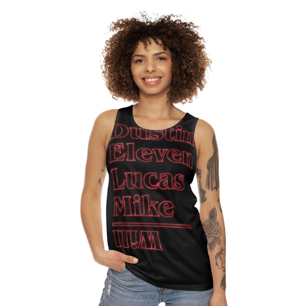 Unisex Stranger Things Retro 80s Tank Top with Dustin, Eleven, Lucas, and Mike Characters - women