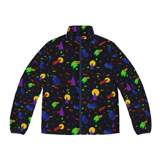 Vibrant 90s retro puffer jacket with glow-in-the-dark and confetti effects, perfect for nostalgic vibes