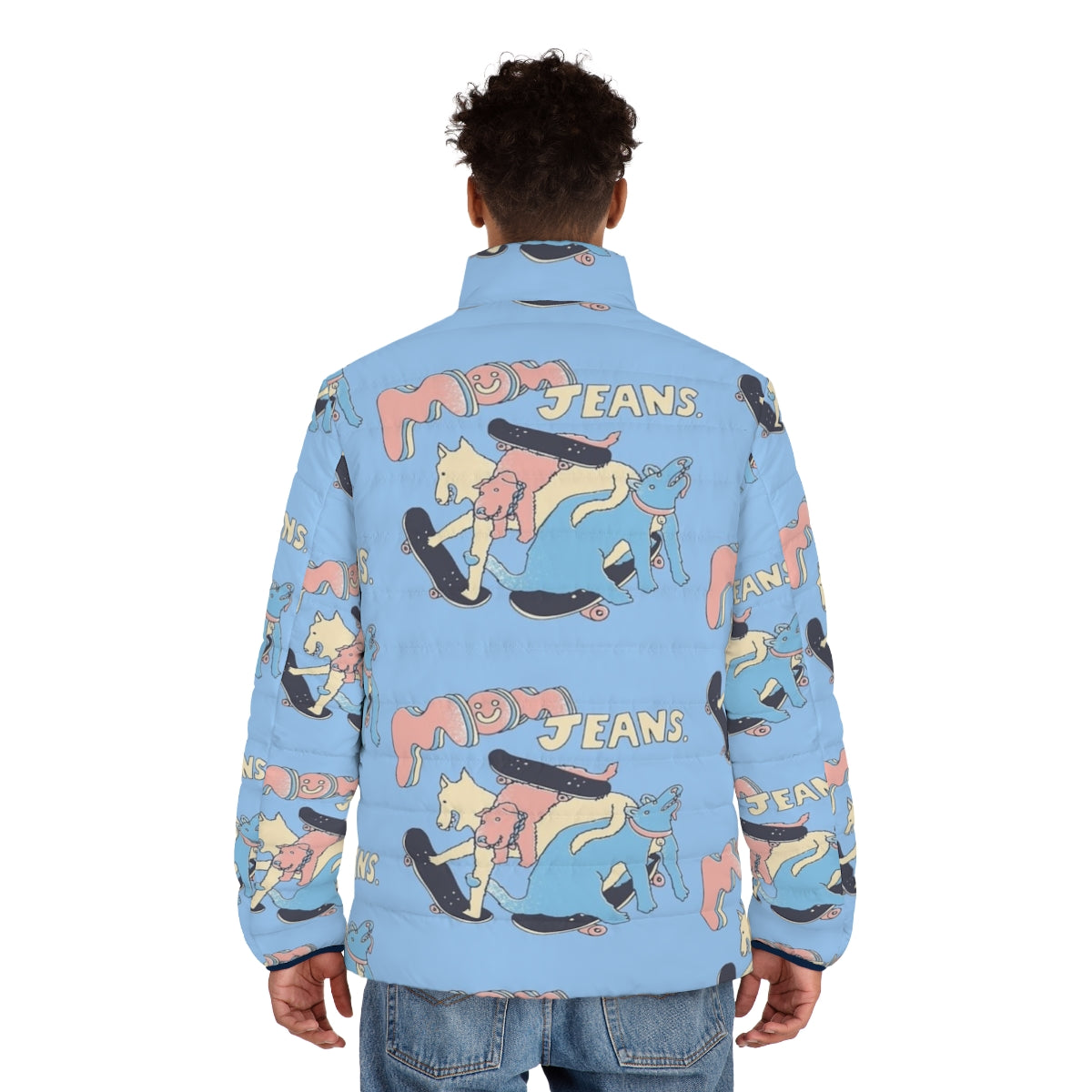 Colorful puffer jacket with mom jeans band and puppy love design - men back