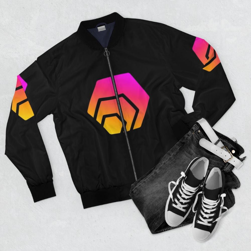 HEX Crypto Blockchain Bomber Jacket with Hexagonal Logo - Flat lay