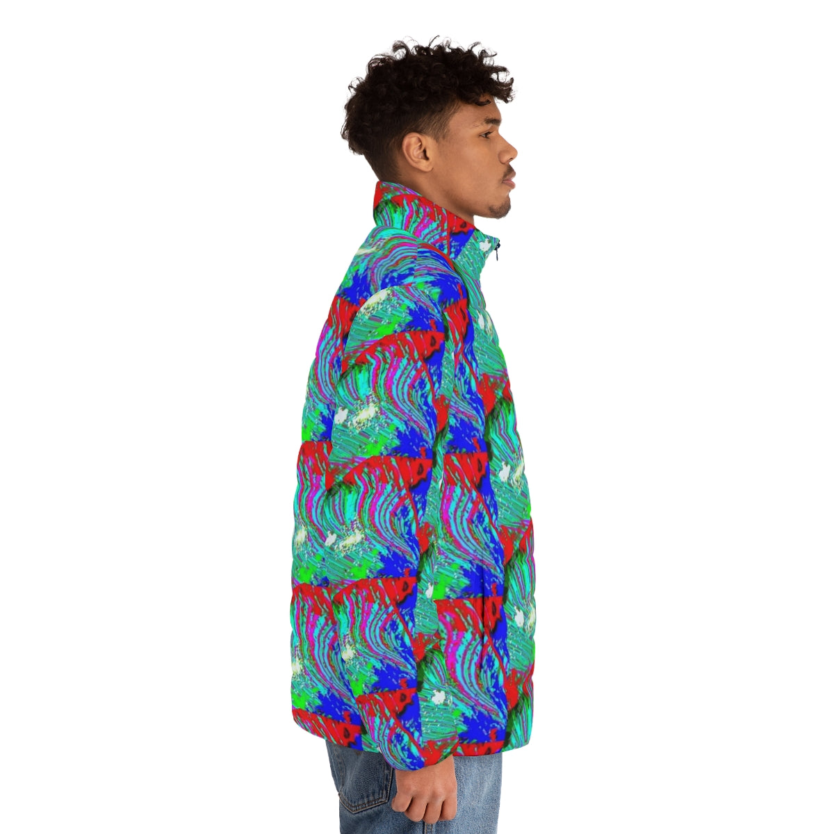 Colorful and iridescent puffer jacket with a glitch-inspired Everglades design - men side right