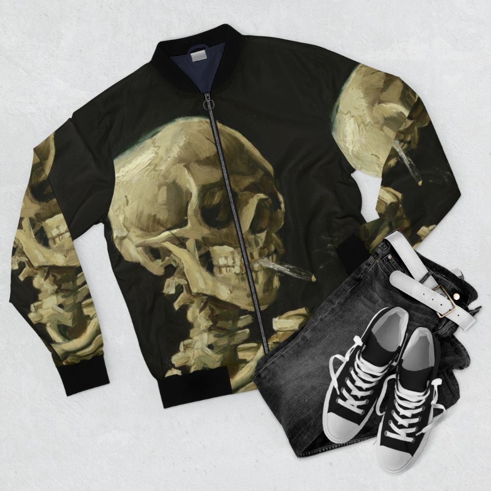 Vincent Van Gogh's famous painting 'Head of a Skeleton with a Burning Cigarette' featured on a high-quality bomber jacket. - Flat lay