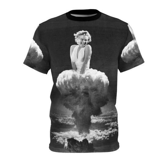 Artistic t-shirt design featuring a collage of Marilyn Monroe and a mushroom cloud explosion, in a vintage, surreal pop art style.