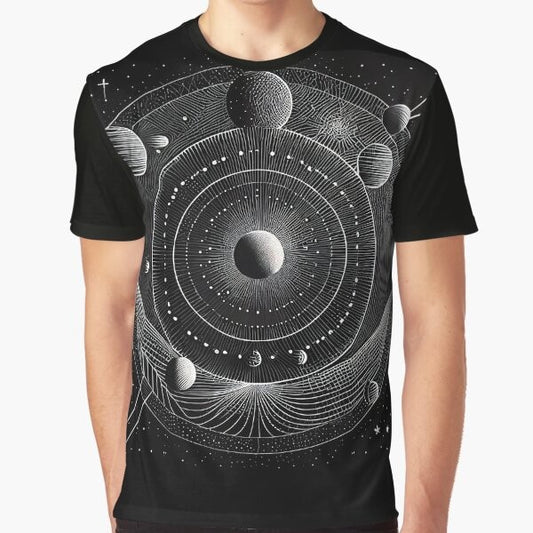 Monochrome graphic t-shirt design featuring a geometric representation of the solar system with planets, sun, and other celestial objects.