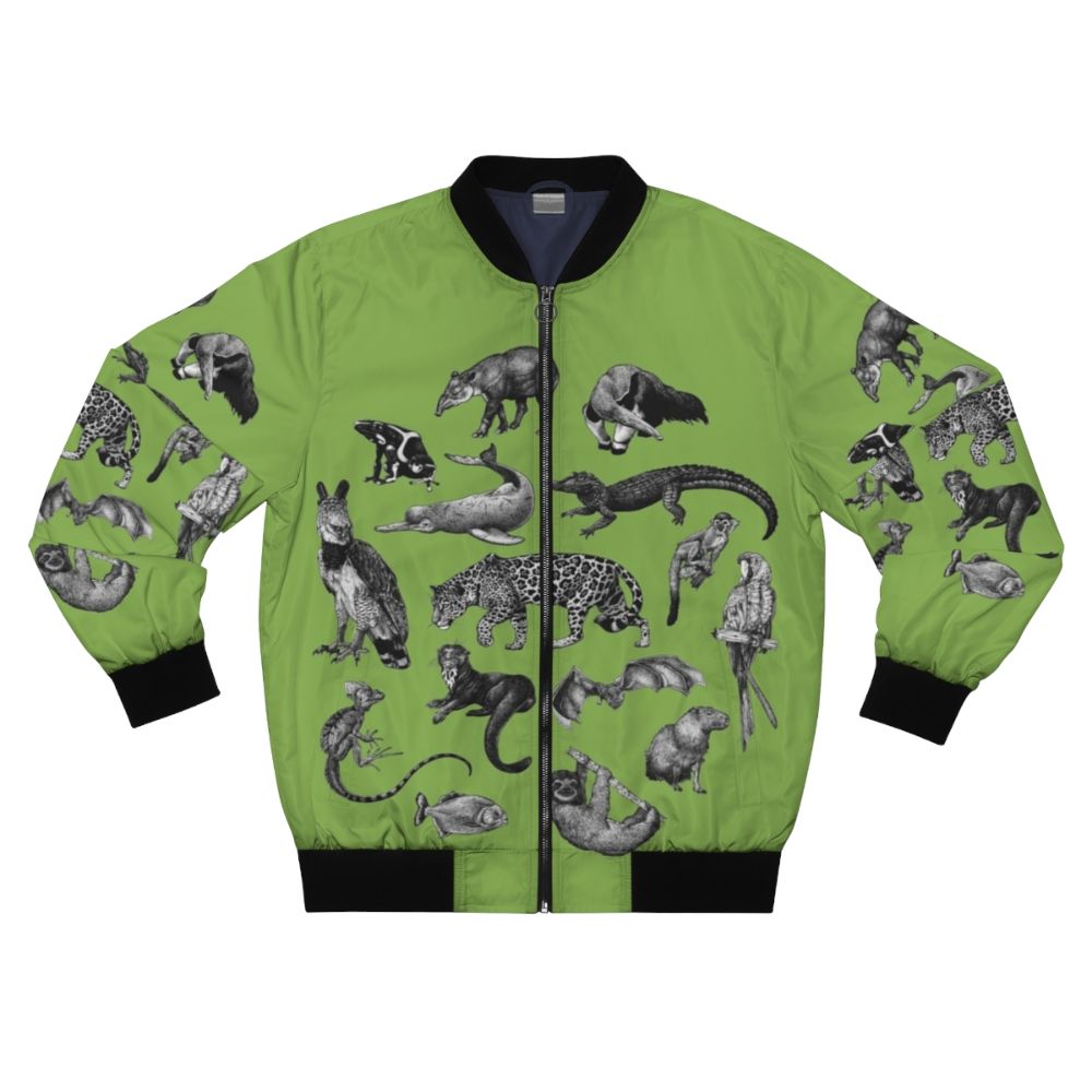 Biodiversity of the Amazon bomber jacket featuring a monochrome scientific illustration of the diverse wildlife found in the Amazon rainforest.