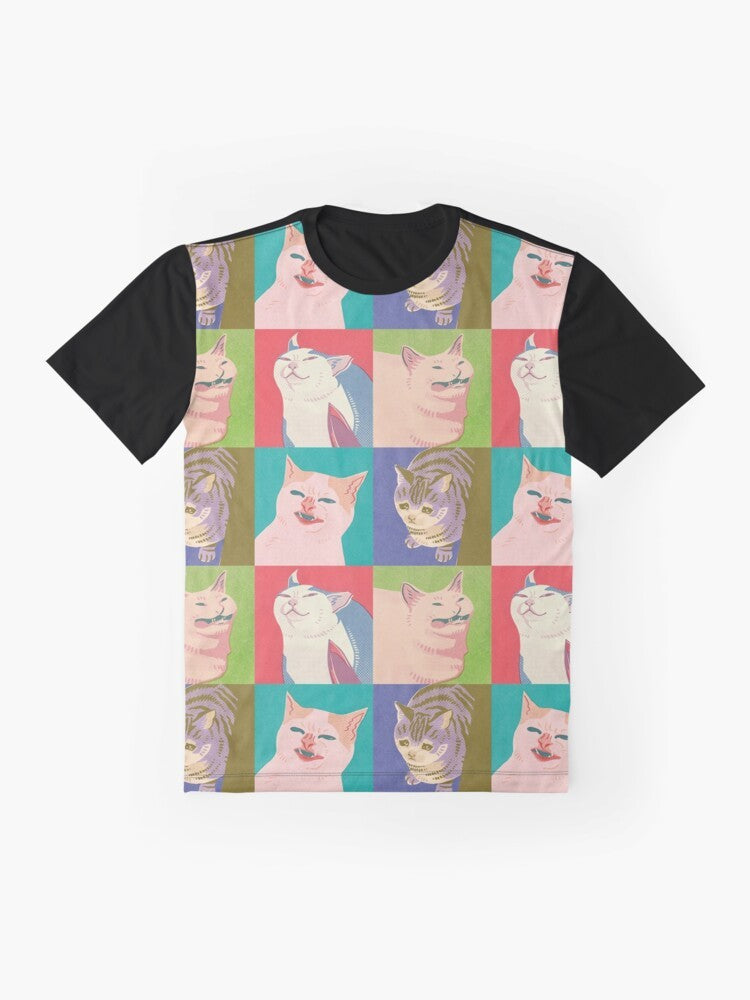 Graphic t-shirt design featuring four popular meme cats - Knife Cat, Sad Cat, Cat No Banana, and more in a pop art style. - Flat lay