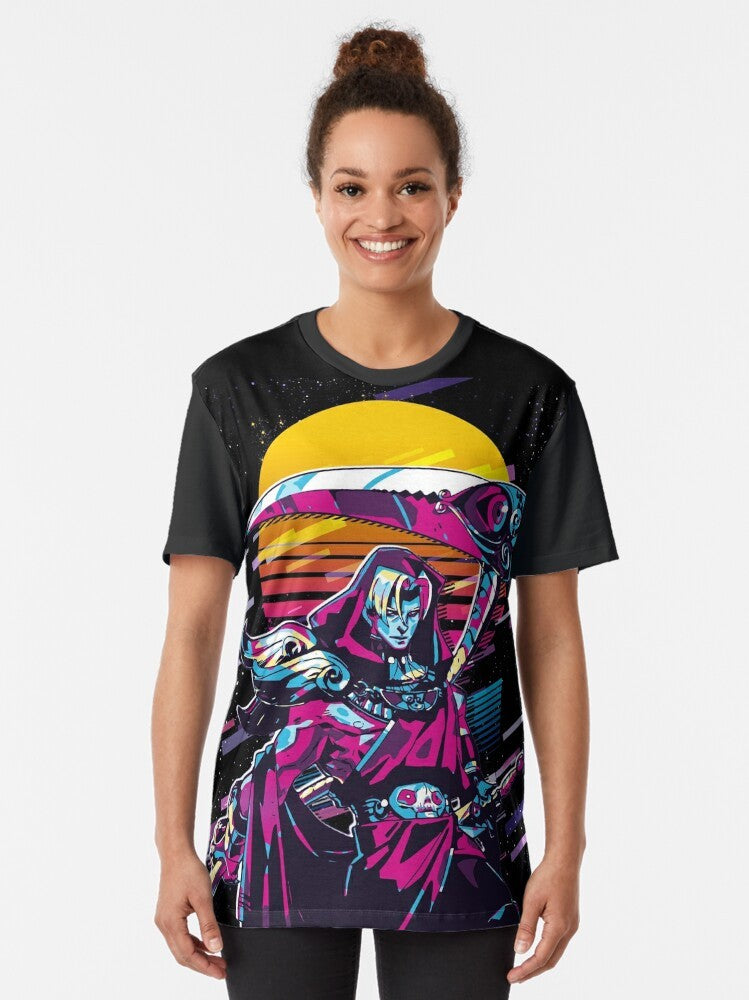 80s retro-style graphic t-shirt featuring Thanatos and Hades from Greek mythology - Women