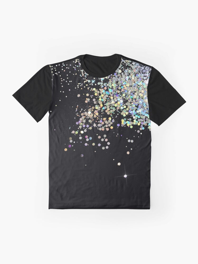 Black and holographic sparkle graphic t-shirt with a modern and trendy design - Flat lay