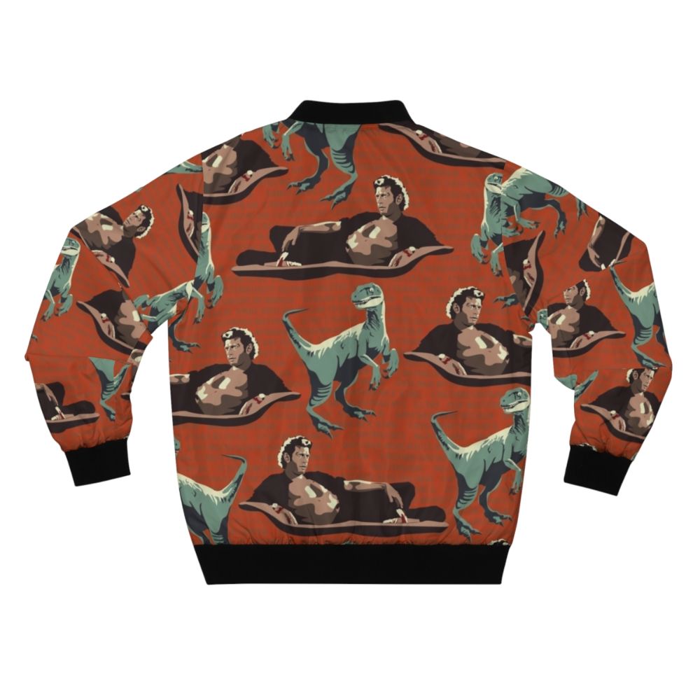 A bomber jacket featuring a graphic design of a velociraptor from the Jurassic Park franchise, including the likeness of actor Jeff Goldblum. - Back