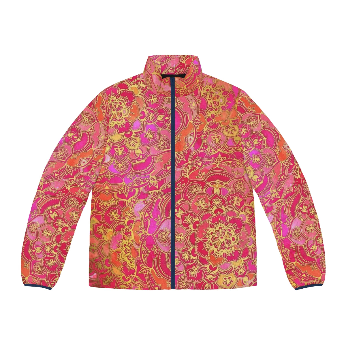 Hot pink and gold baroque floral patterned puffer jacket