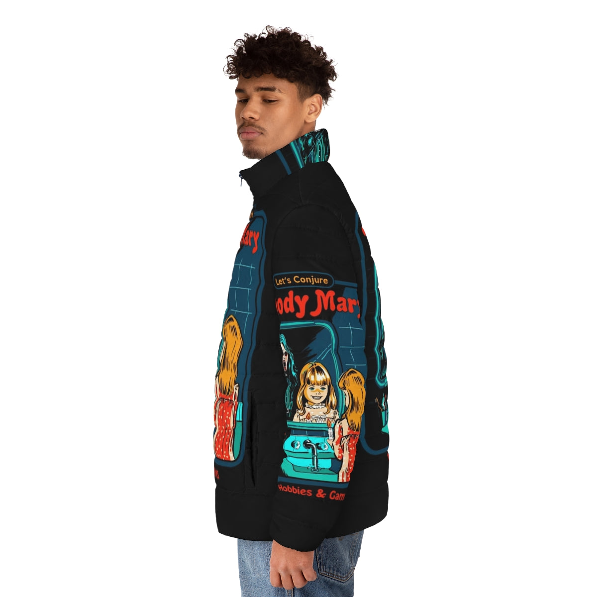 Stylish puffer jacket featuring a Bloody Mary theme, perfect for winter hobbies and games - men side left