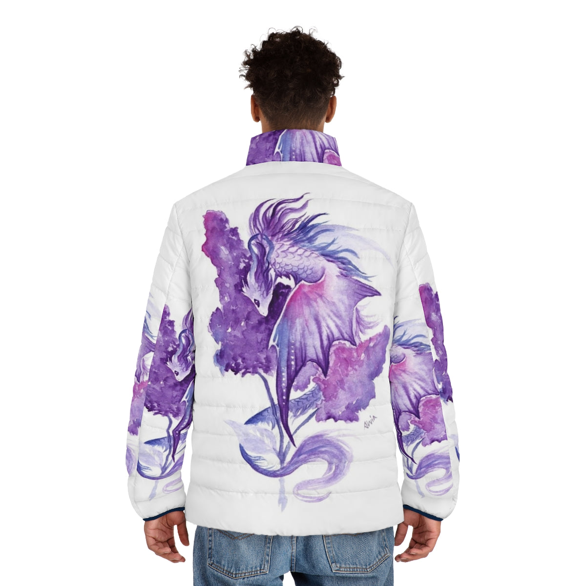 Lilac Dragon Puffer Jacket with magical, nature-inspired design - men back