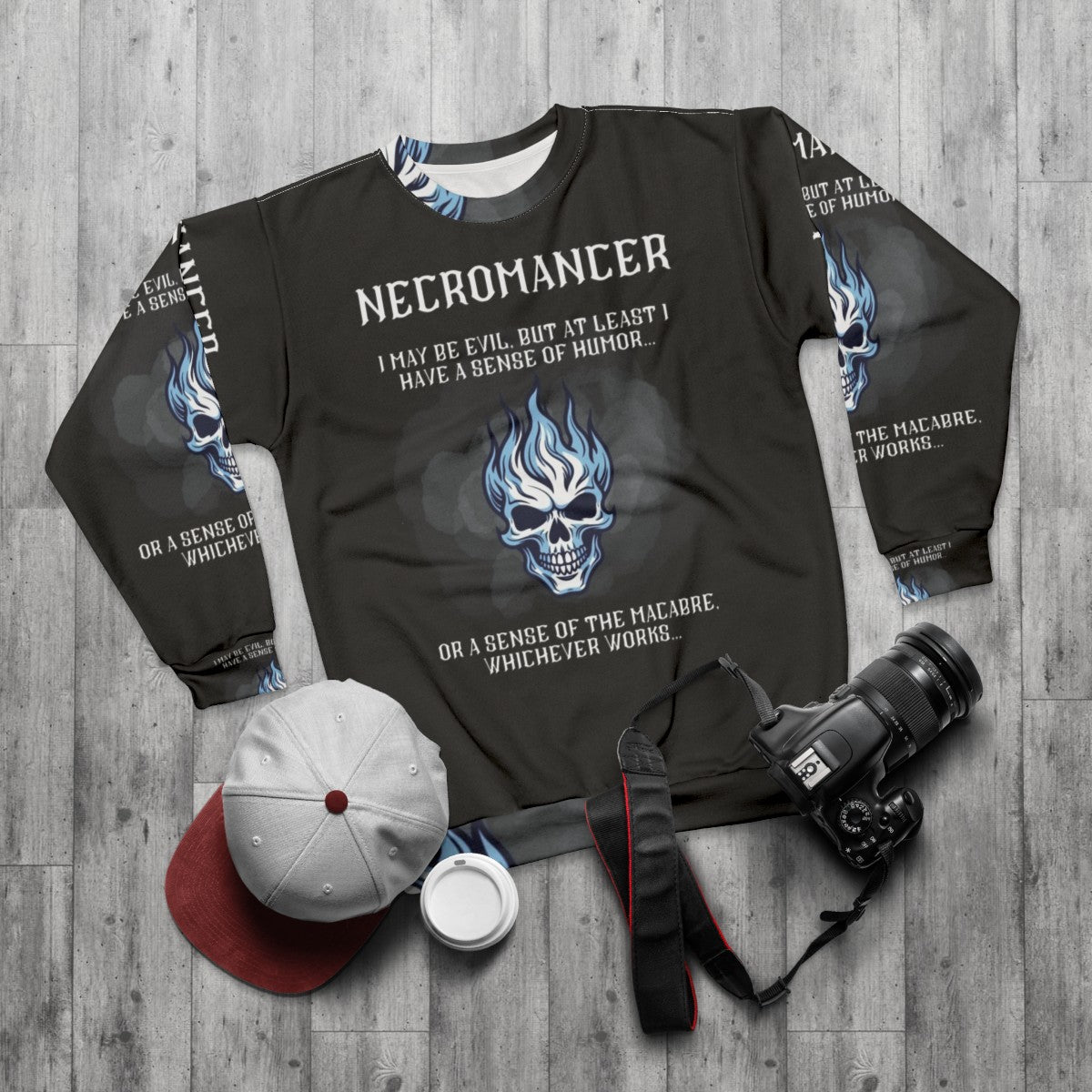 Necromancer Sweatshirt with Dark Fantasy Graphic - flat lay