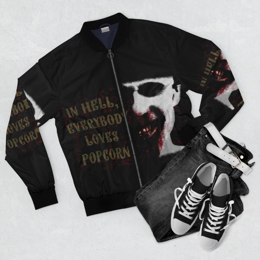 Doom Head bomber jacket featuring a graphic inspired by Rob Zombie's horror movies - Flat lay