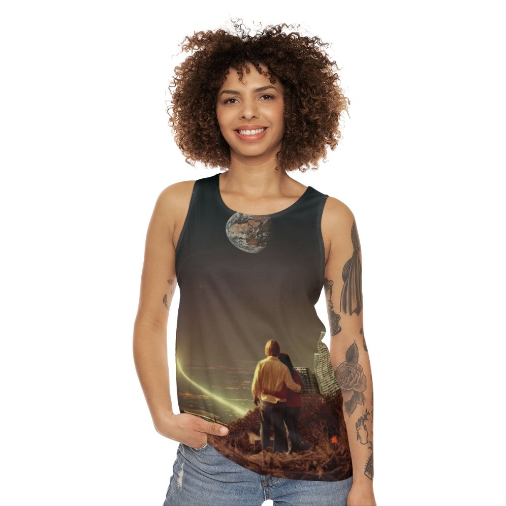 Surreal unisex tank top featuring a couple in a retro-futuristic urban landscape - women