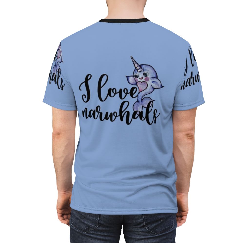 All-over print t-shirt featuring a cute and colorful narwhal design - men back